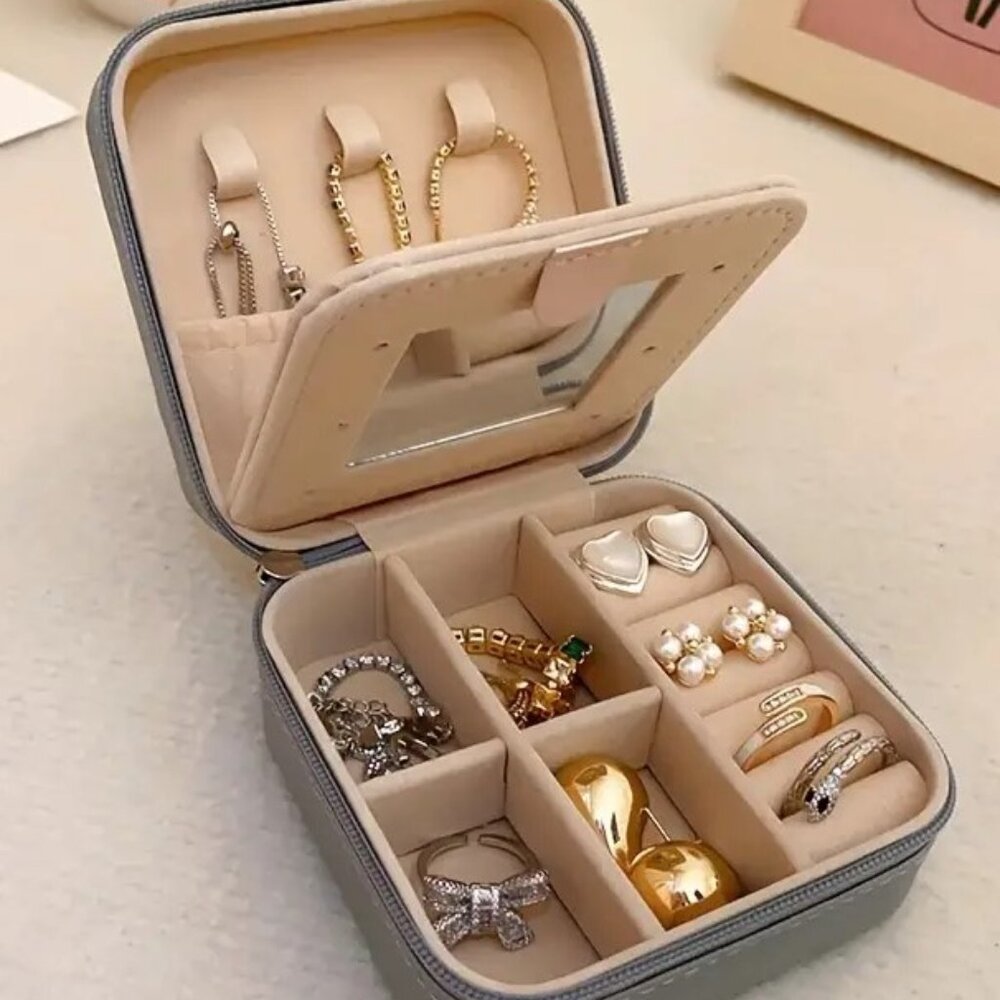 Portable Jewelry Storage Box w/Mirror -  Blue